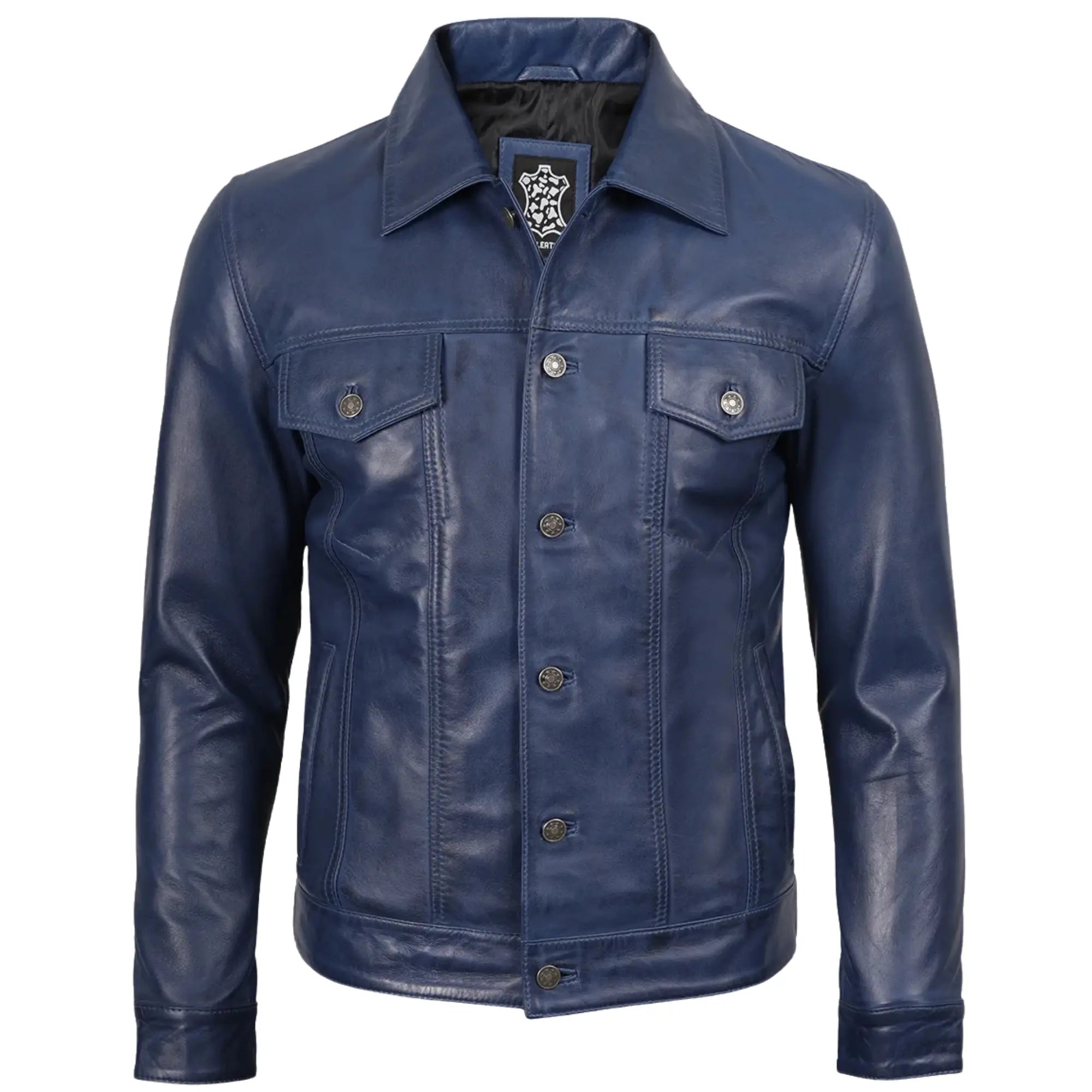 Men's Blue Leather Trucker Jacket