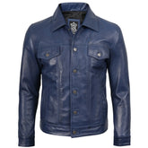 Men's Blue Leather Trucker Jacket