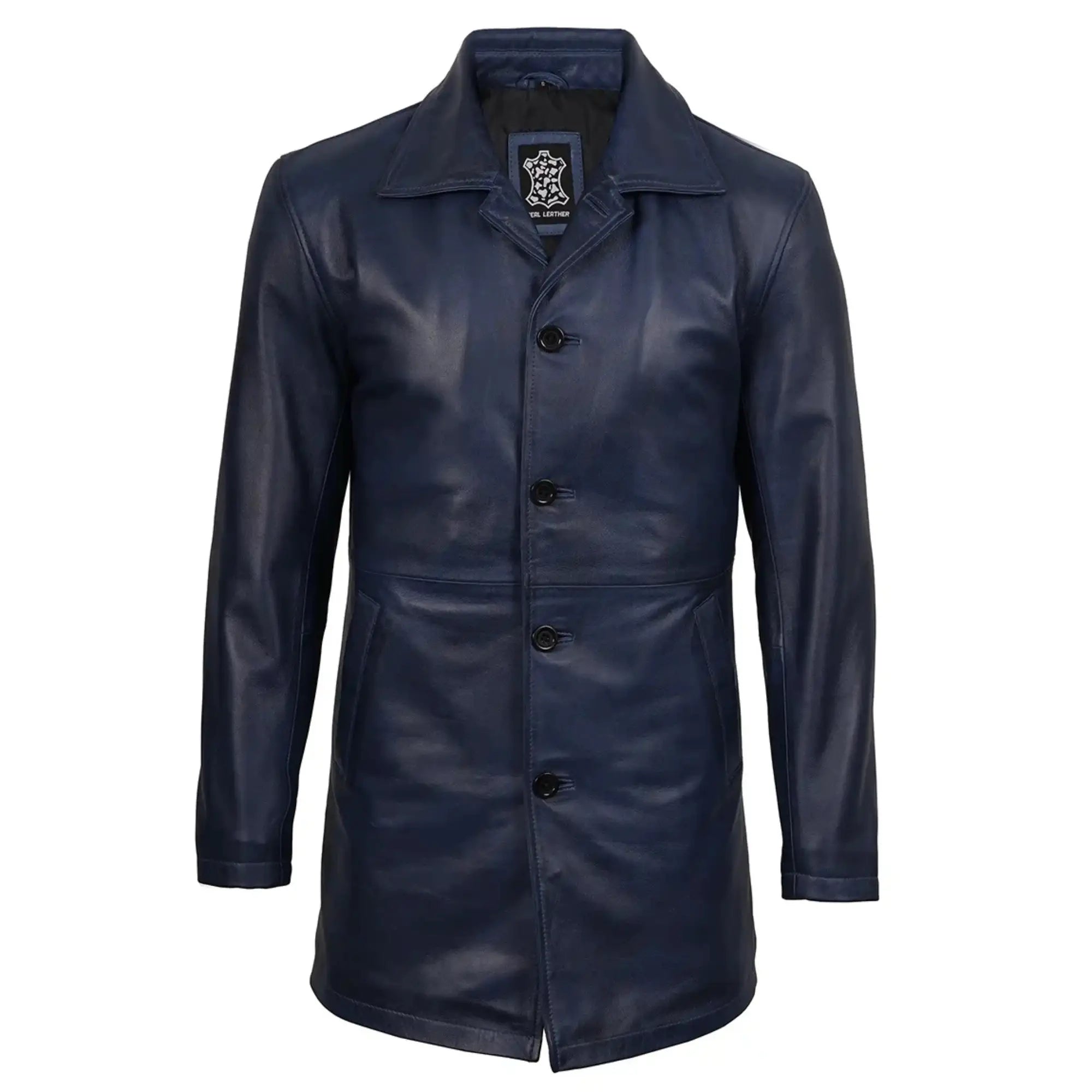 blue leather coat with buttons on a white background