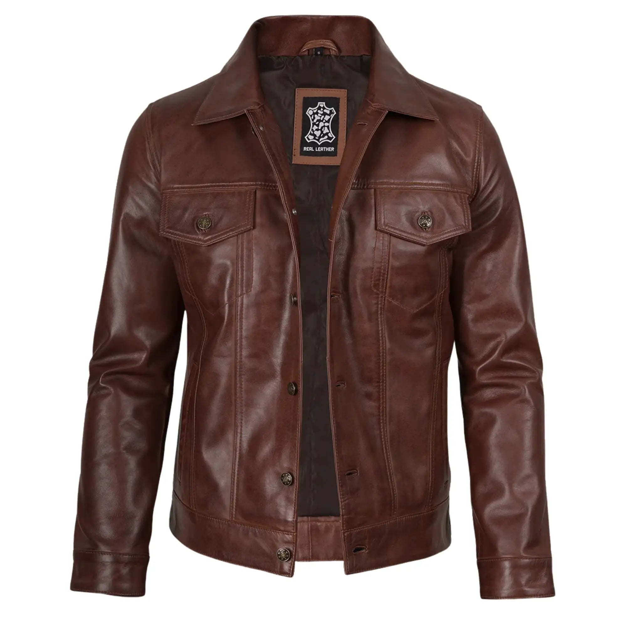 Men's Brown Sheepskin Leather Trucker Jacket