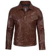 Men's Brown Sheepskin Leather Trucker Jacket