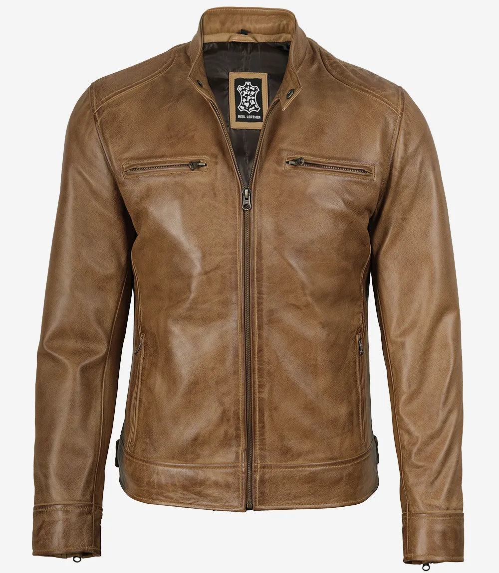 Men's Camel Brown Cafe Racer Leather Jacket
