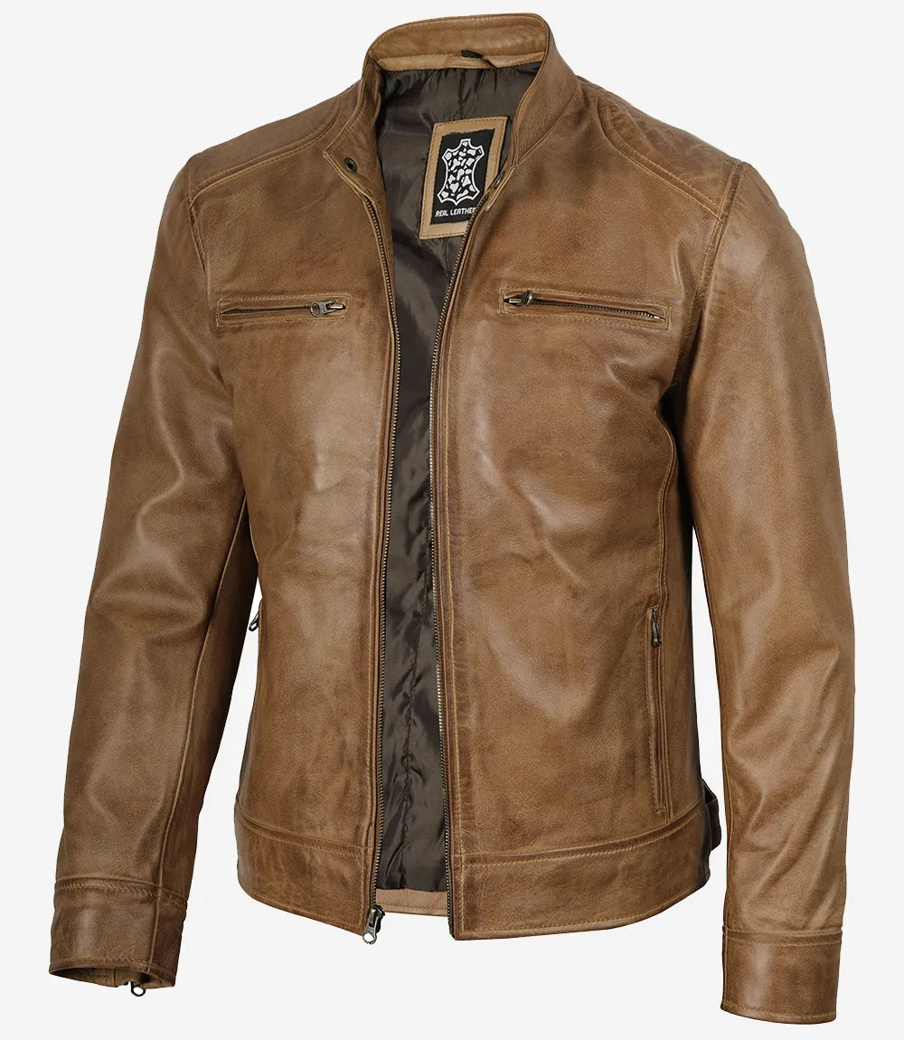 Men's Camel Brown Cafe Racer Leather Jacket