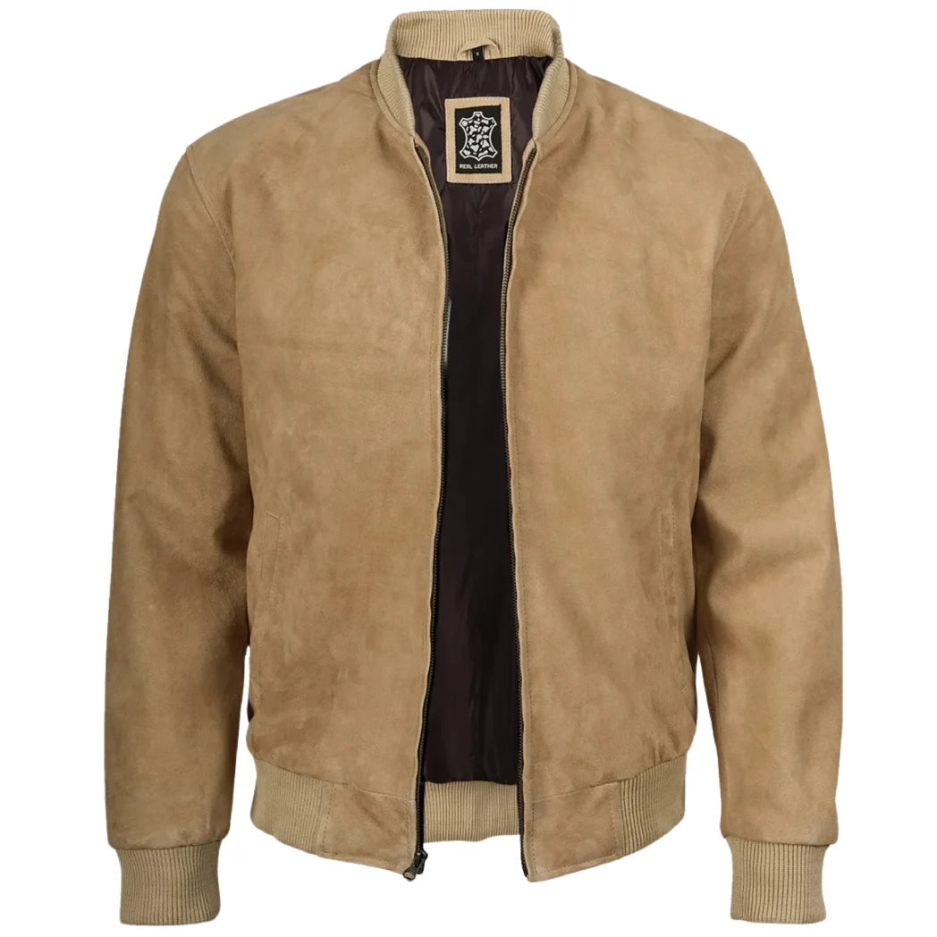 Men's Camel Brown Real Suede Leather Bomber Jacket