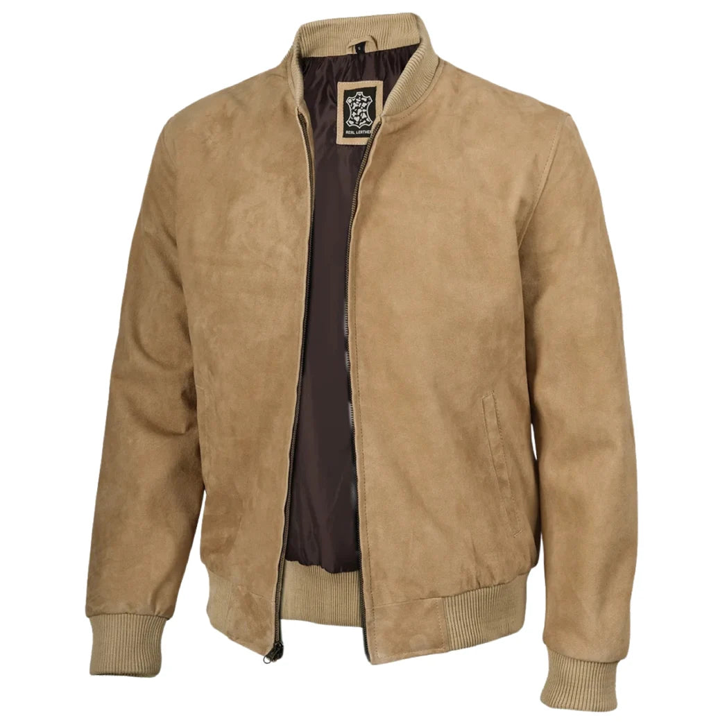 Men's Camel Brown Real Suede Leather Bomber Jacket