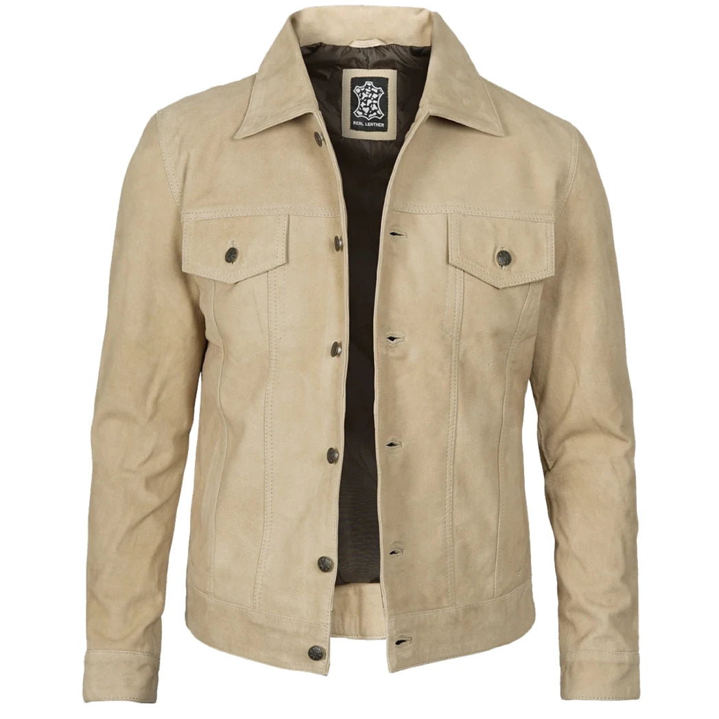 Men's Classic Real Suede Camel Trucker Style Leather Jacket