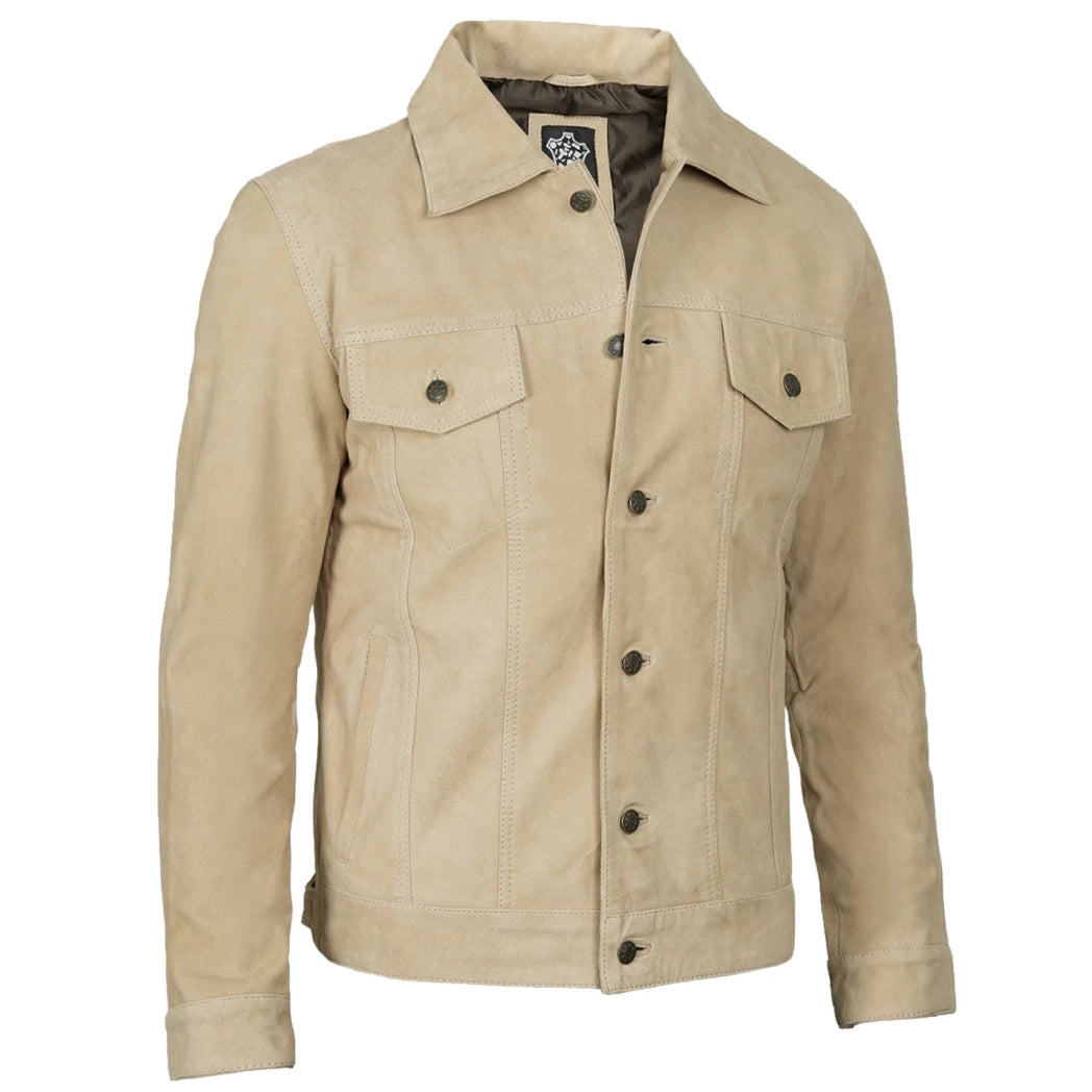 Men's Classic Real Suede Camel Trucker Style Leather Jacket