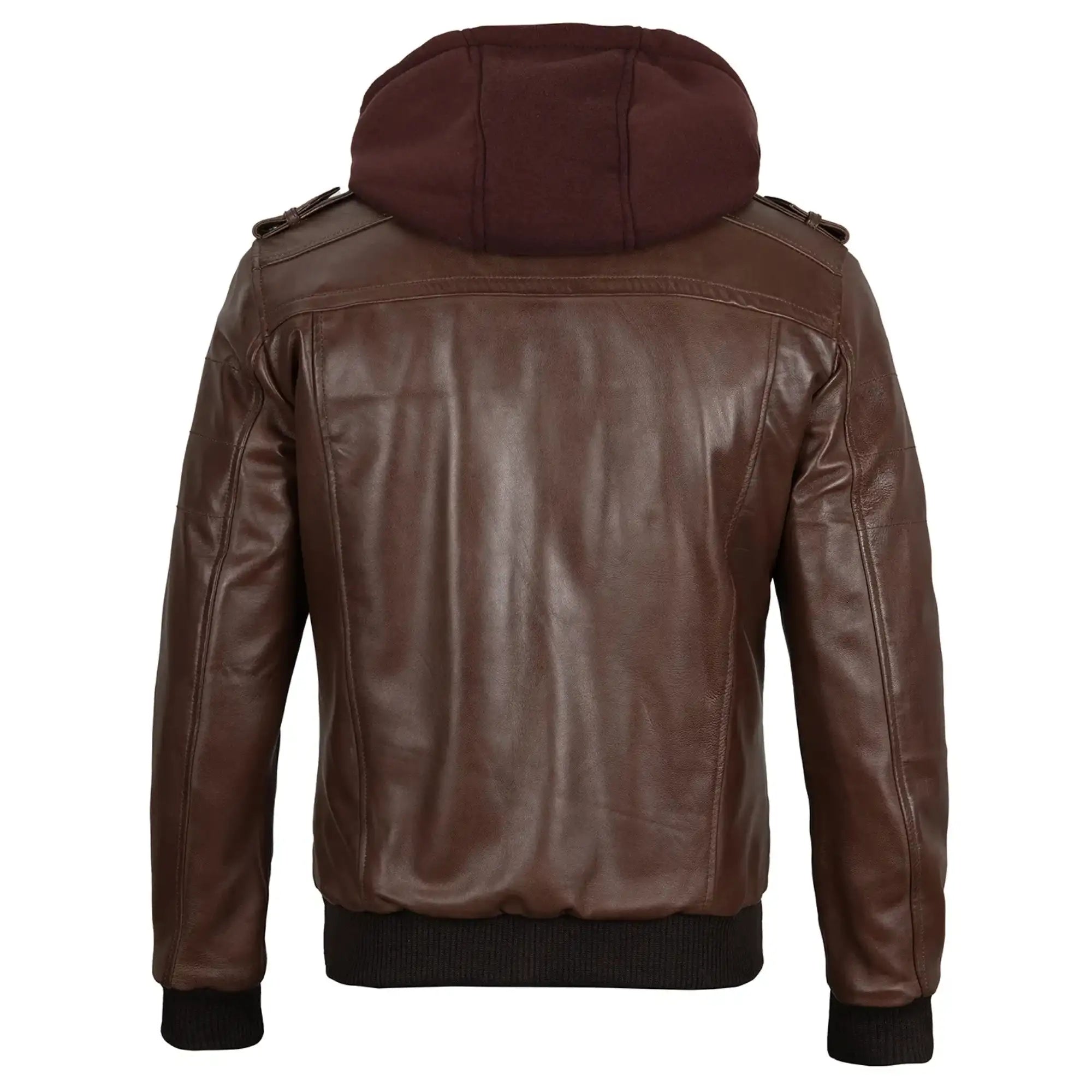 Brown leather jacket with a hood on a white background