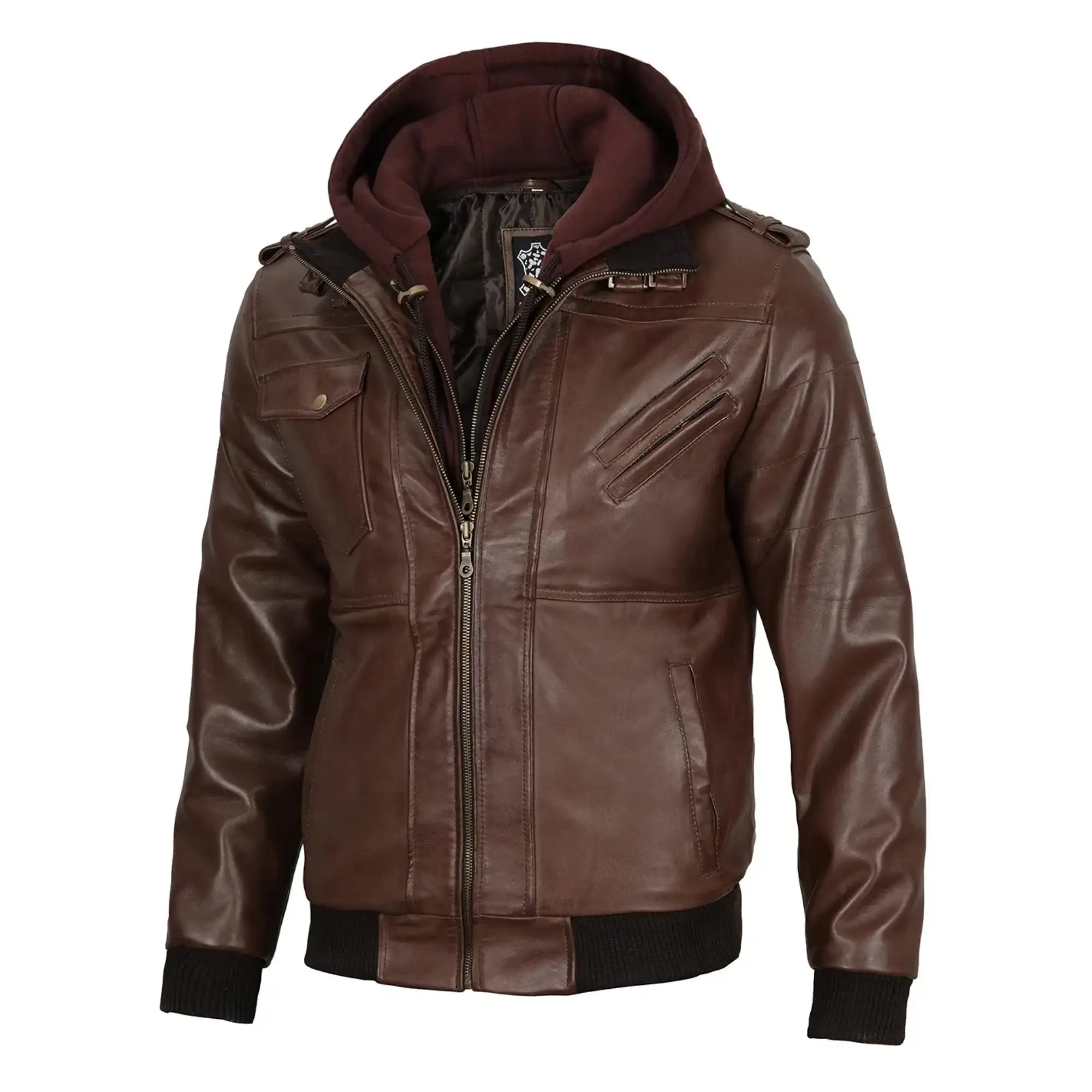Brown leather jacket with a hood on a white background