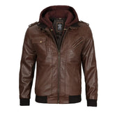 Brown leather jacket with a hood on a white background