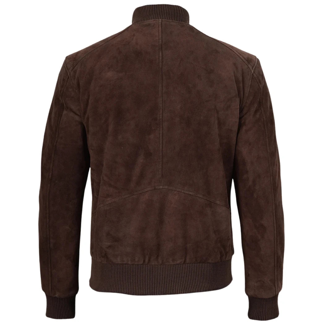 Men's Dark Brown Suede Leather Bomber Jacket