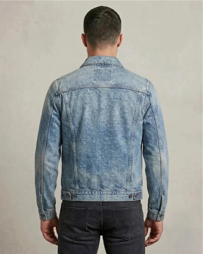 Men's Distressed Wash Denim Jacket with Dual Pockets