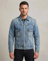 Men's Distressed Wash Denim Jacket with Dual Pockets