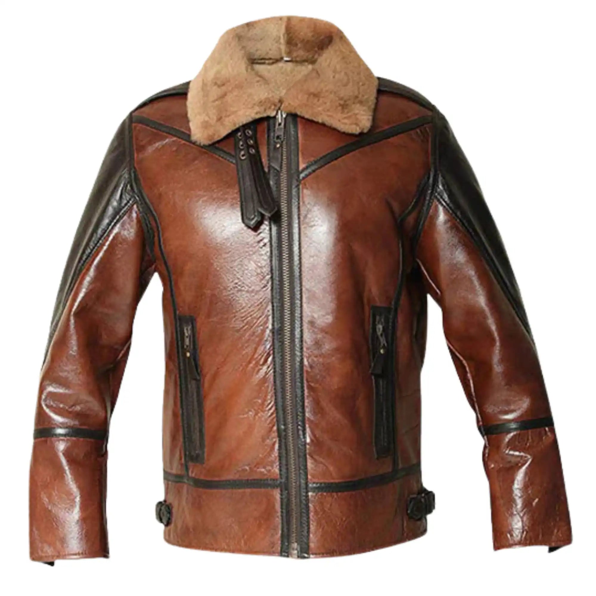 Men's Flight Aviator Real Sheepskin Fur Collar Leather Jacket