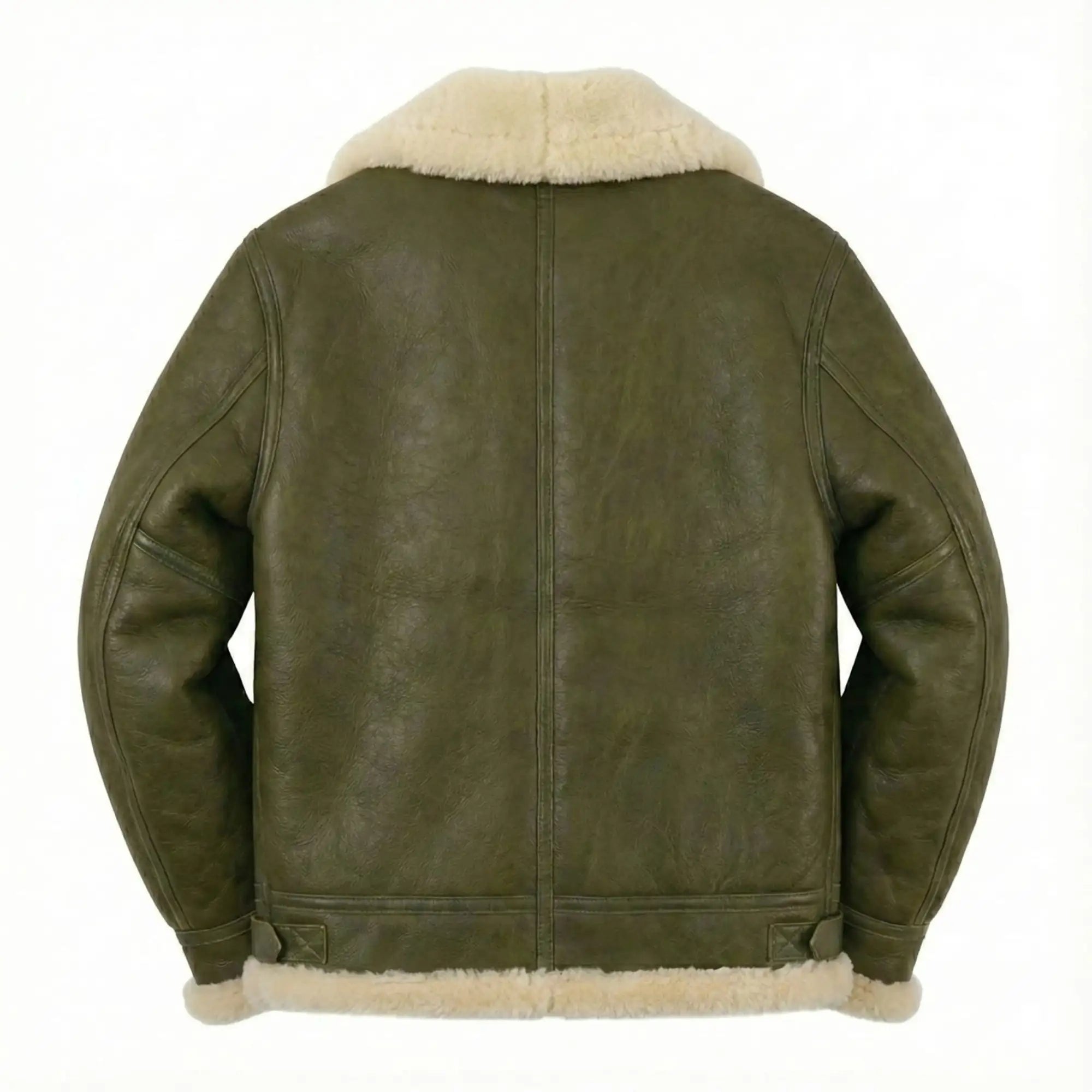 Green leather jacket with beige fur lining on a white background
