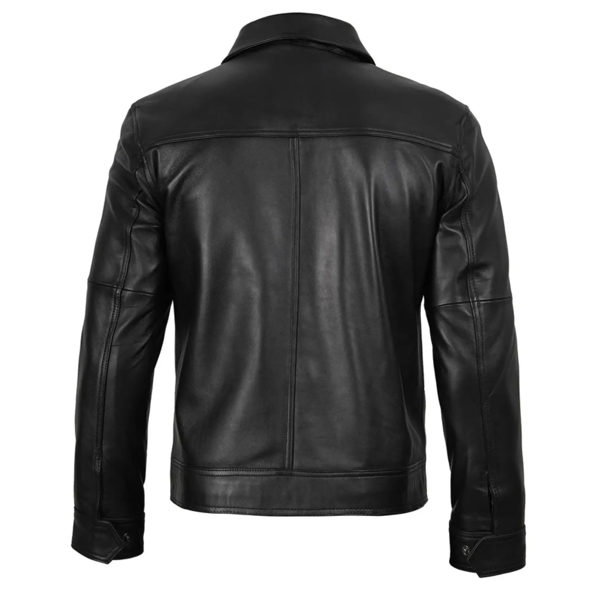 Black leather jacket shown from the back on a white background