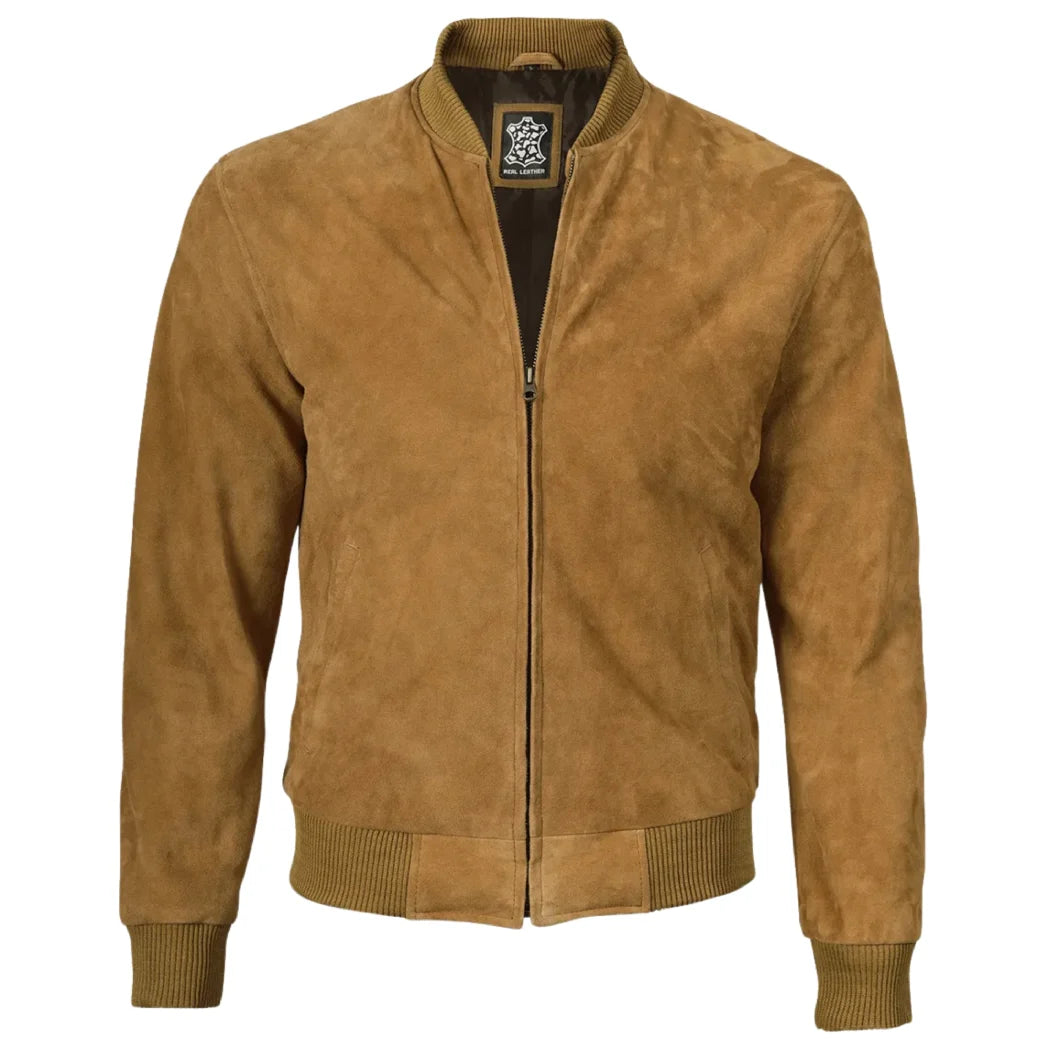 Men's Light Brown Suede Leather Bomber Jacket