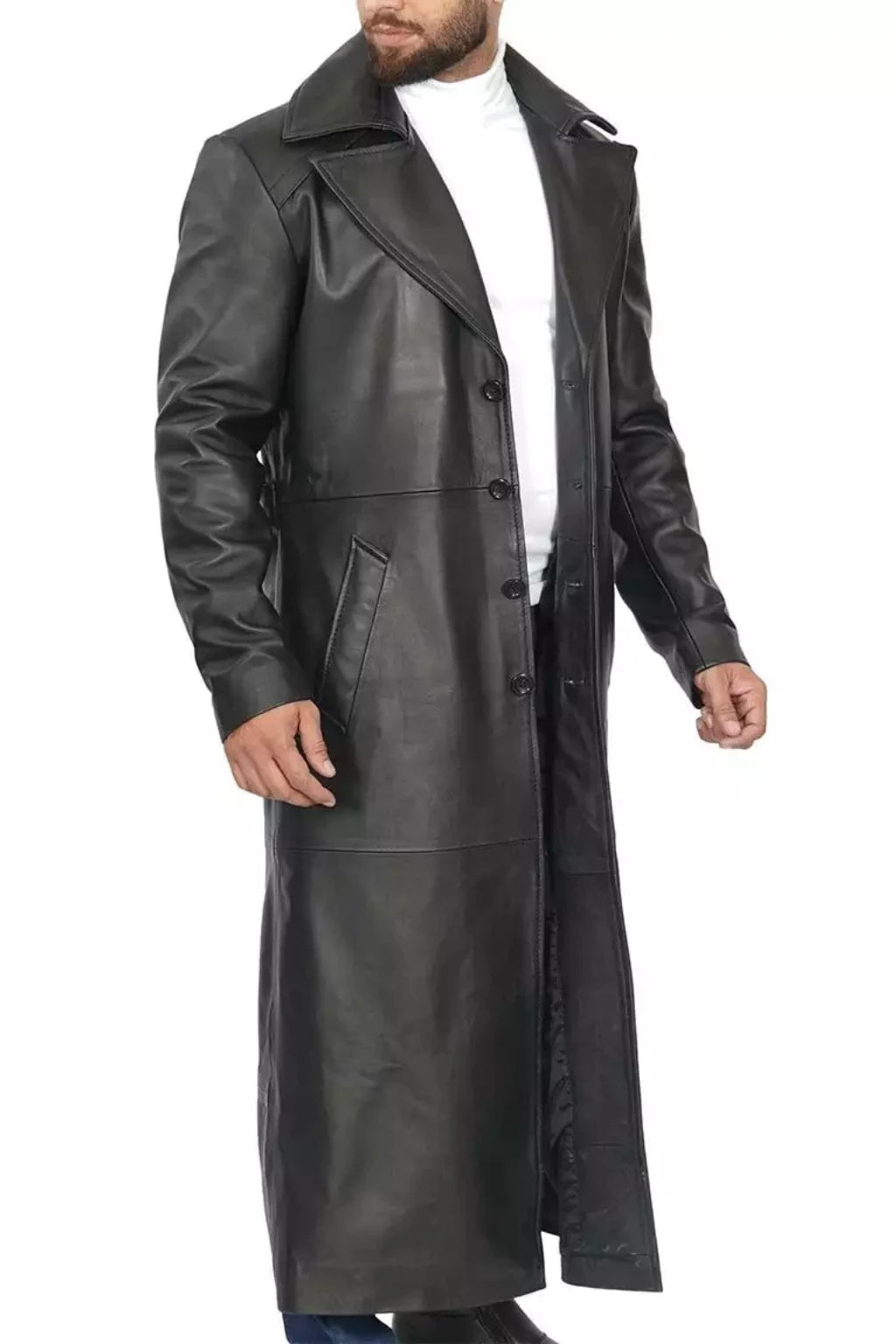 Men's Long Black Leather Overcoat - Duster Coat