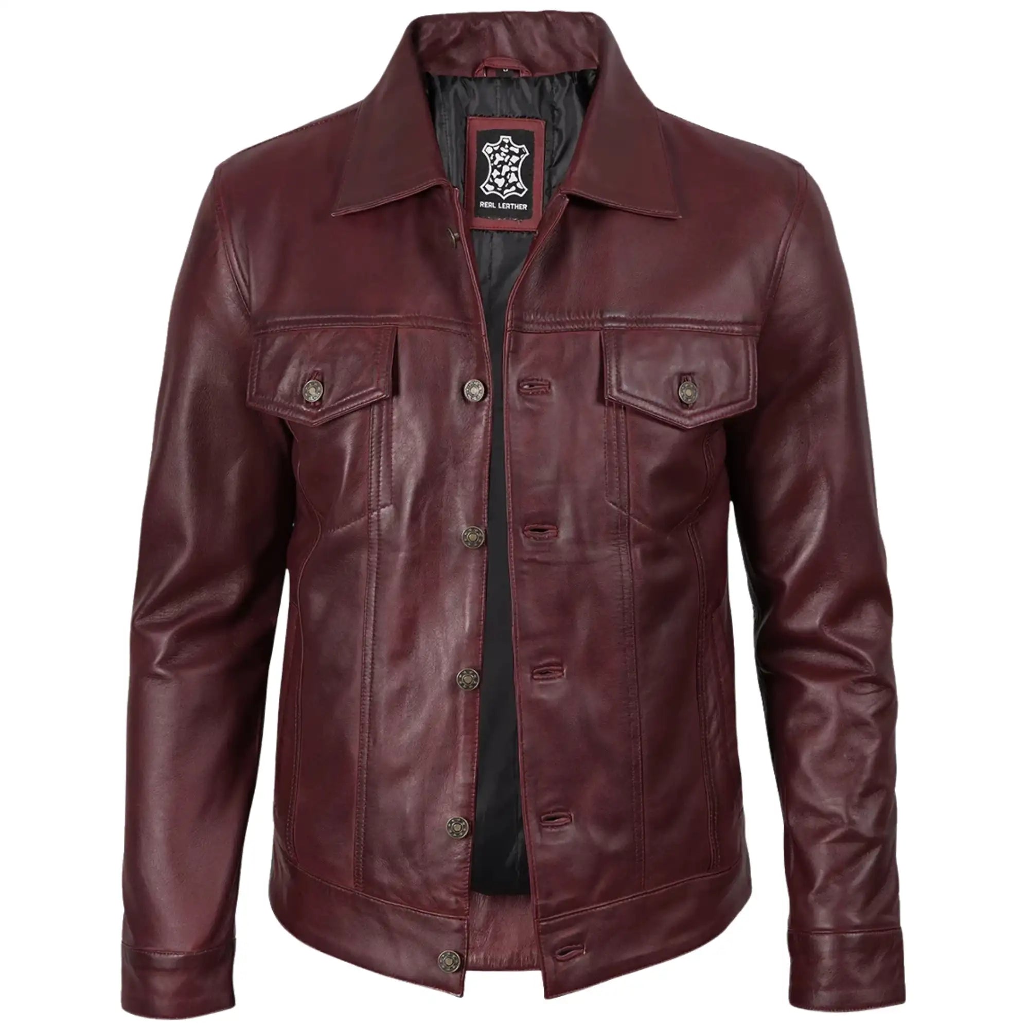 Men's Maroon Sheepskin Leather Trucker Jacket