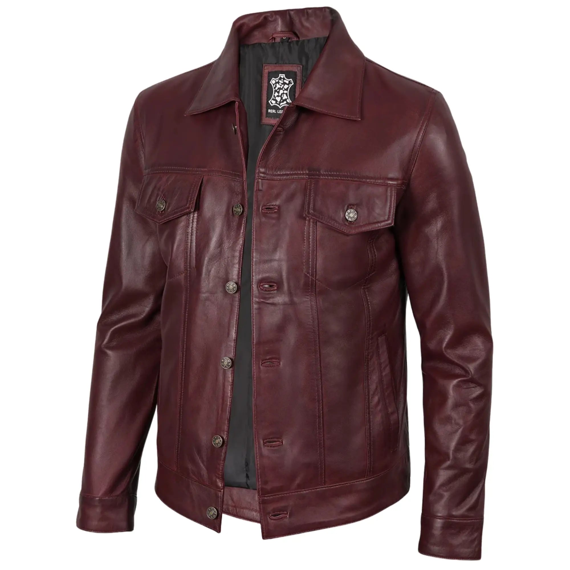 Men's Maroon Sheepskin Leather Trucker Jacket