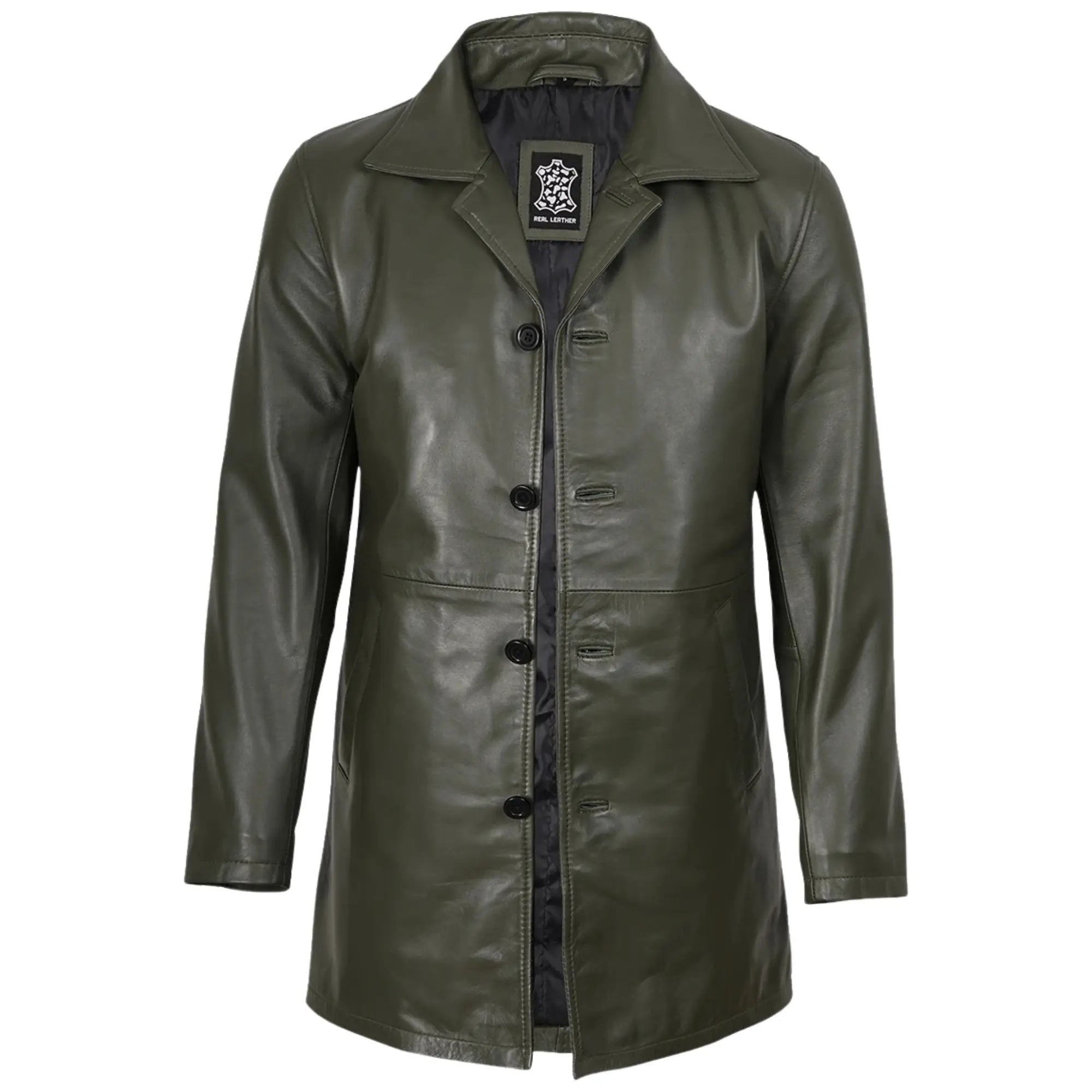 Green leather coat with buttons on a white background