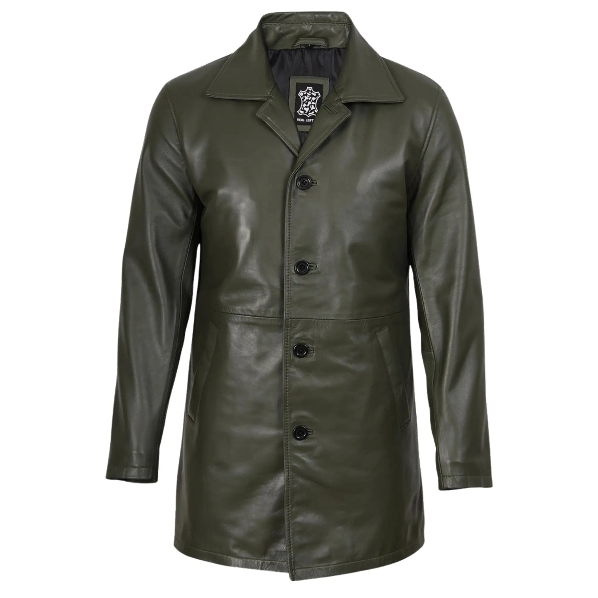 Green leather coat with buttons on a white background