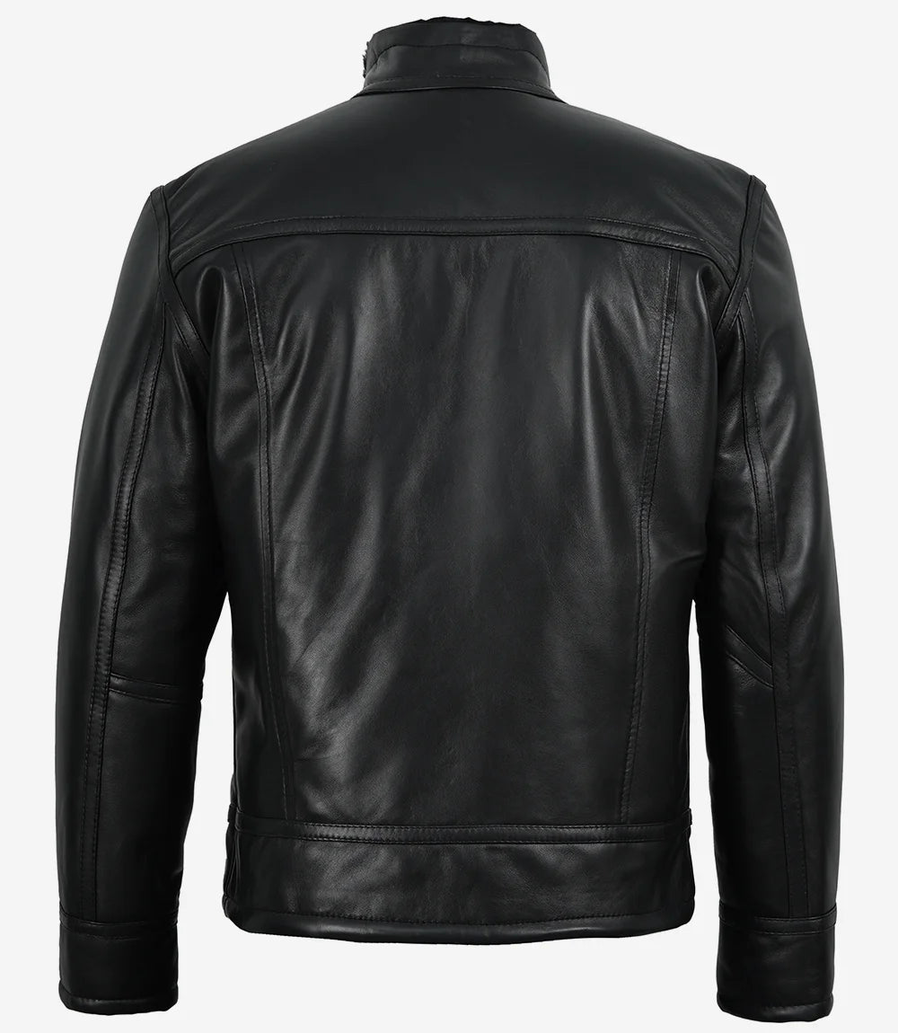 Men's black cafe racer leather jacket with black fur interior lining