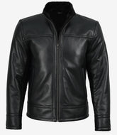 Men's black cafe racer leather jacket with black fur interior lining