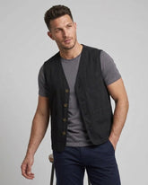 Men's black cotton utility waistcoat vest front and back view