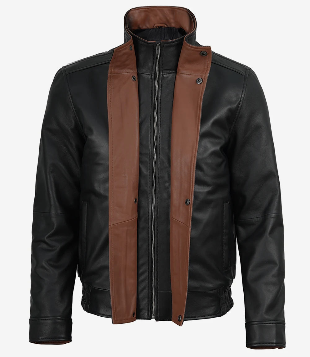 Men's black leather jacket with brown interior collar contrast