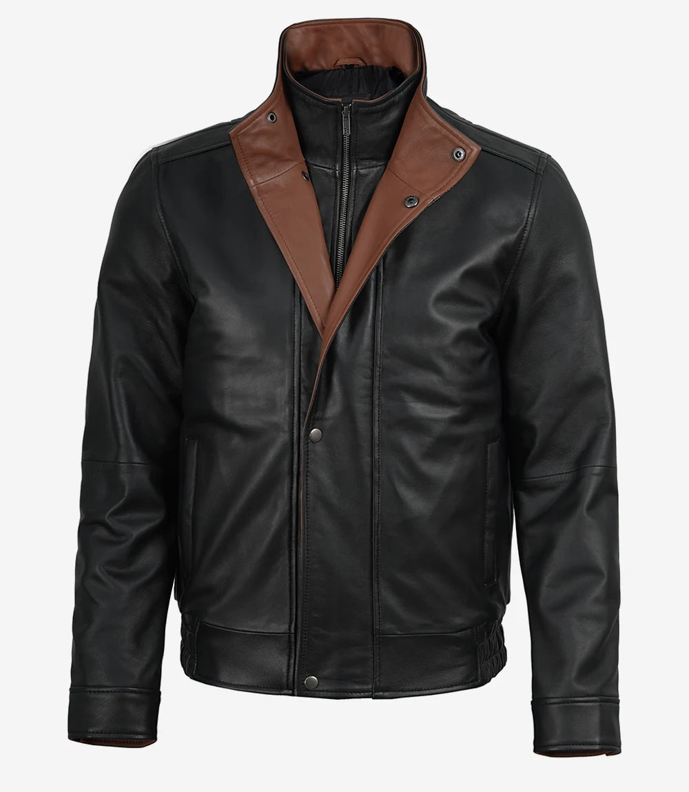 Men's black leather jacket with brown interior collar contrast
