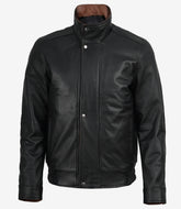 Men's black leather jacket with brown interior collar contrast