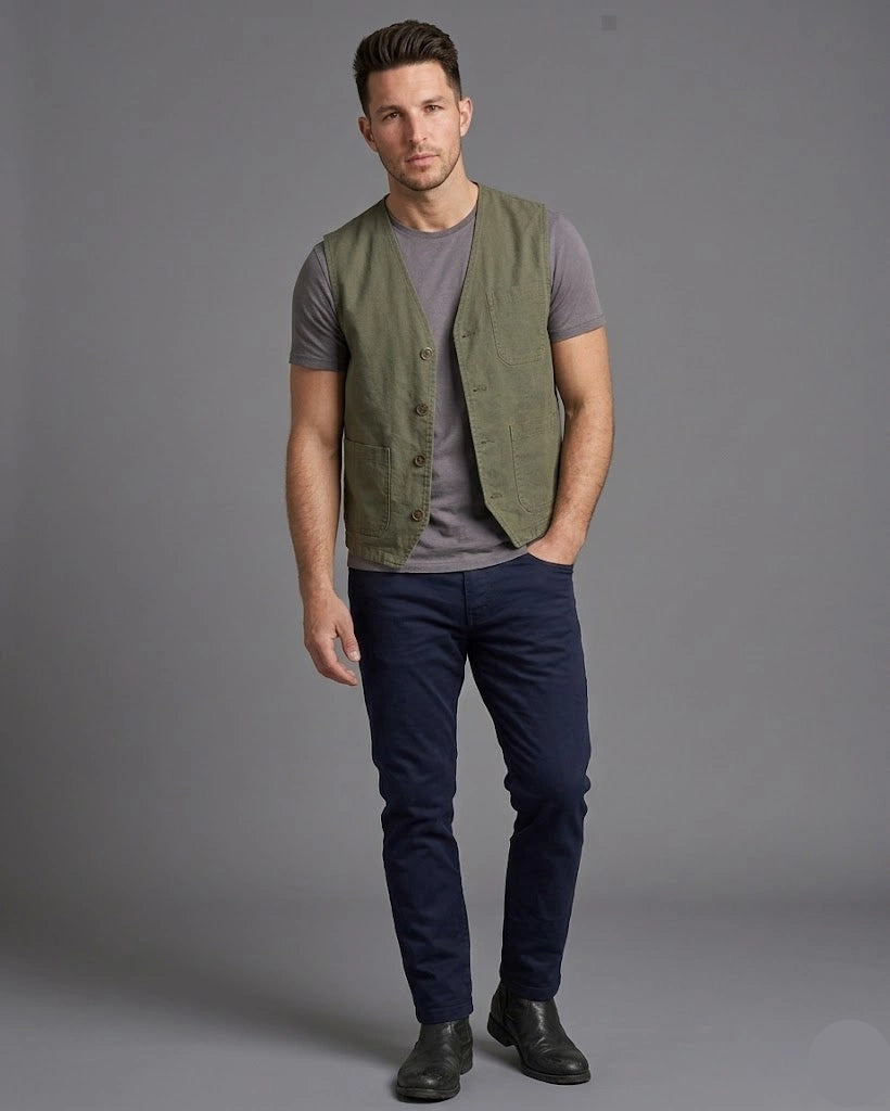 Men's olive green cotton utility vest featuring a tailored fit with a multi-pocket front design, shown in full front and back view