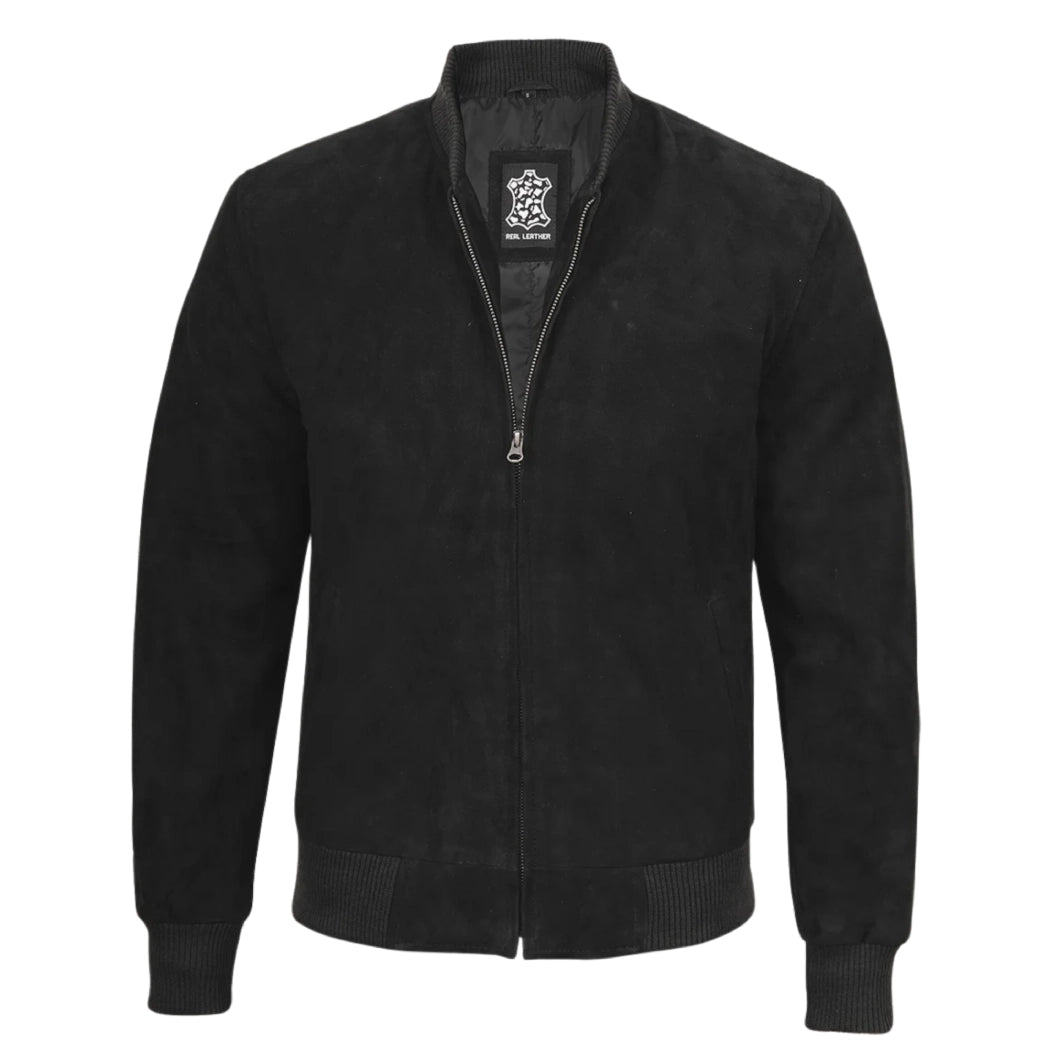 Men's Premium Real Suede Black Leather Bomber Jacket