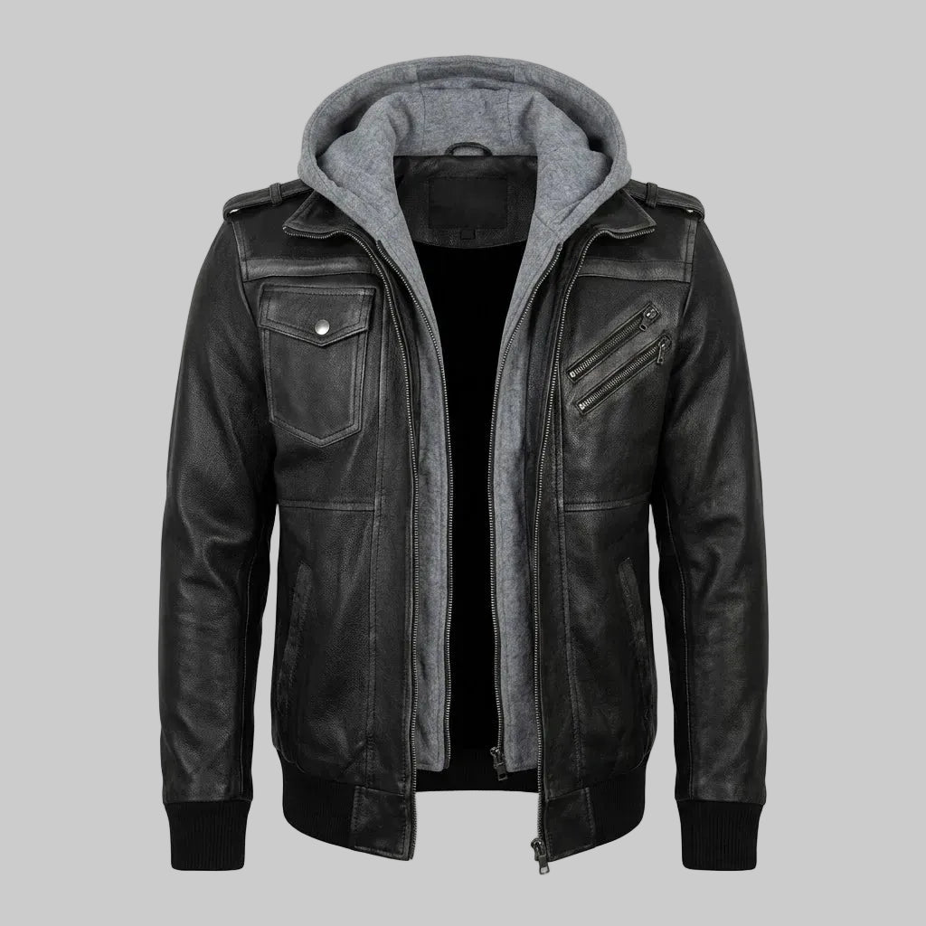 Men's Real Sheepskin Black Leather Bomber Hooded Jacket