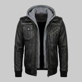 Men's Real Sheepskin Black Leather Bomber Hooded Jacket