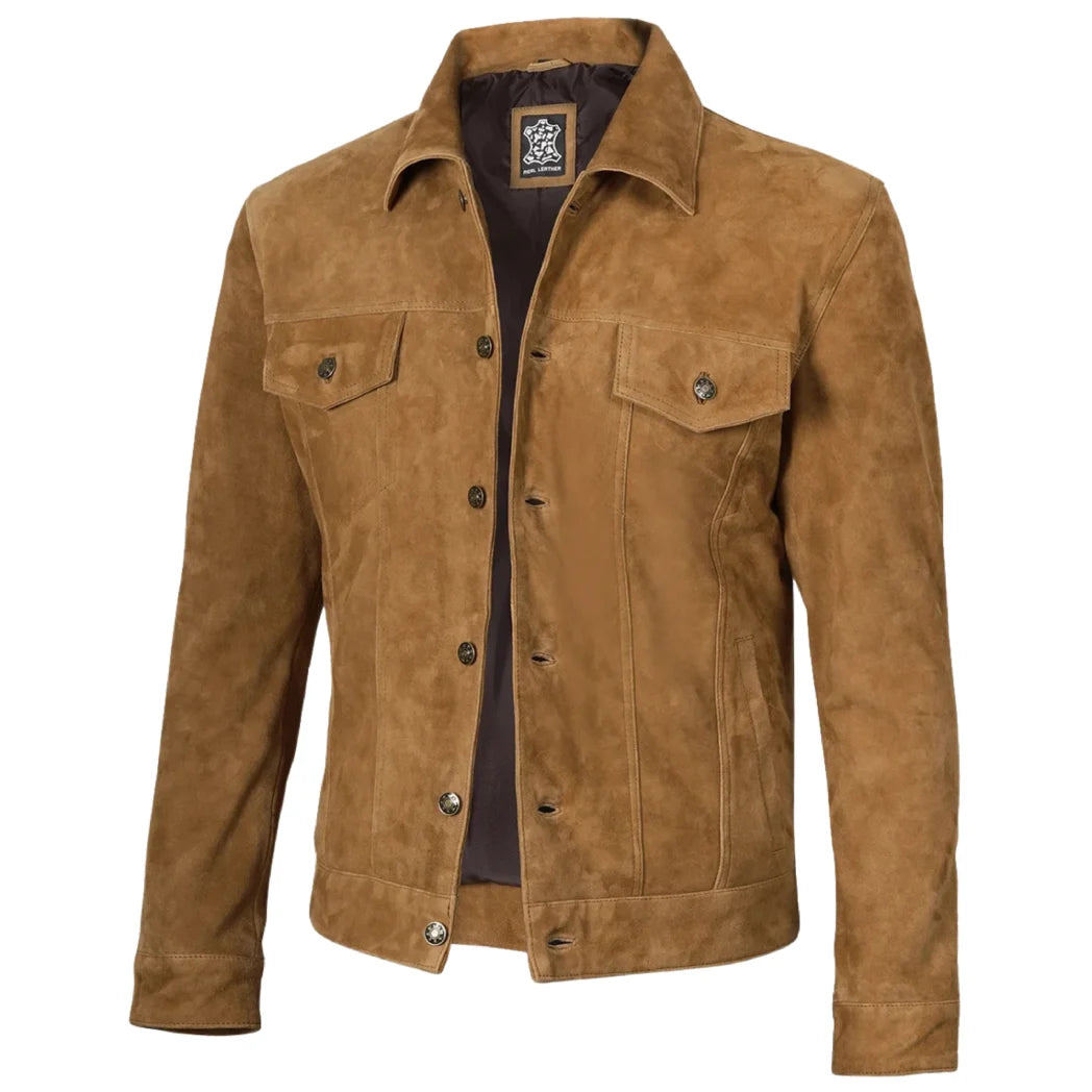 Men's Real Suede Tan Button Down Leather Jacket