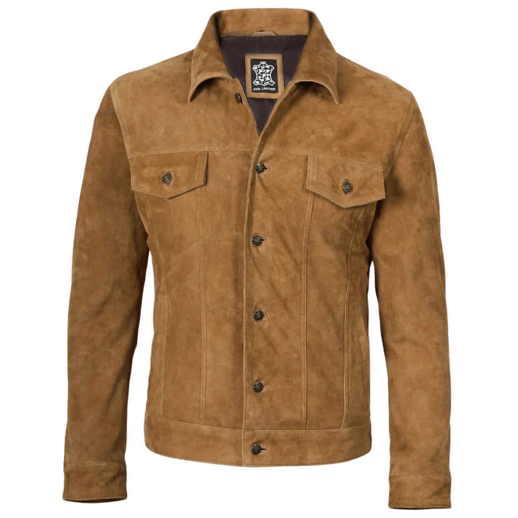 Men's Real Suede Tan Button Down Leather Jacket