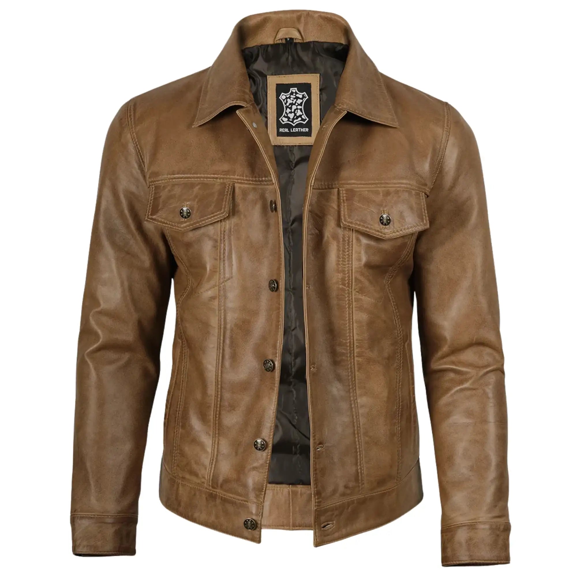 Men's Sheepskin Leather Camel Brown Trucker Jacket