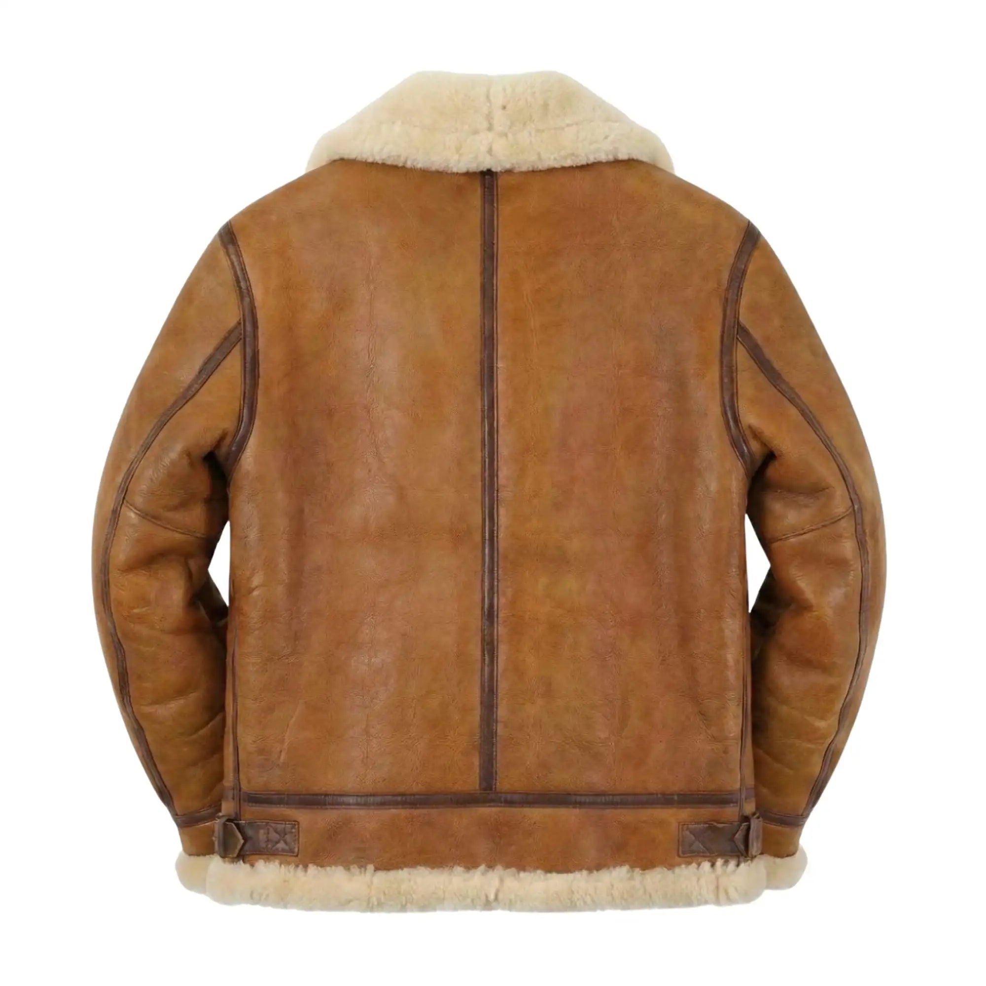 Brown leather jacket with white fur lining on a white background