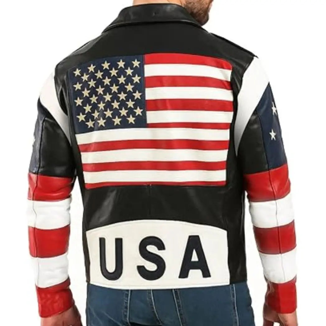 Men's USA Flag Biker Sheepskin Leather Jacket