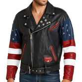 Men's USA Flag Biker Sheepskin Leather Jacket