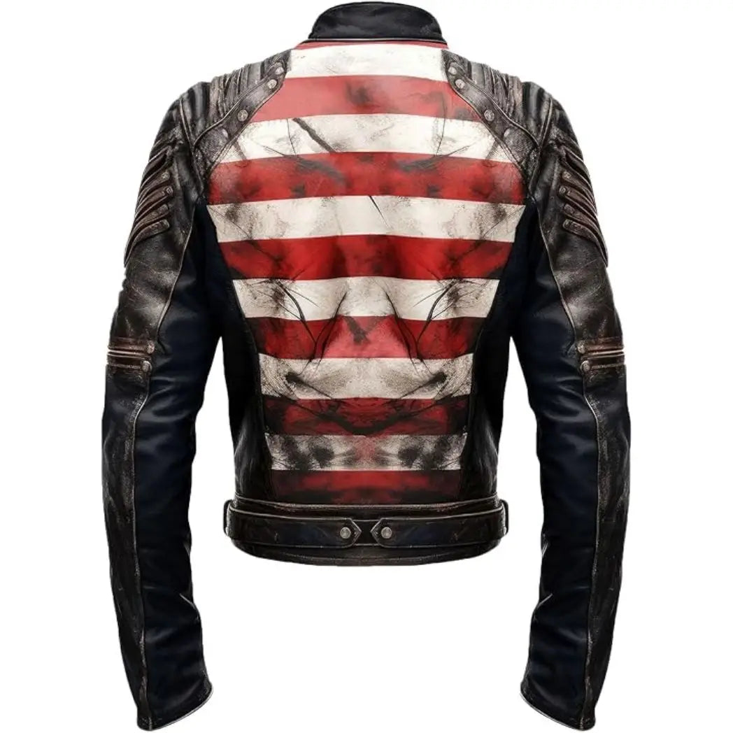 Men's USA Flag Distressed Sheepskin Leather Biker Jacket