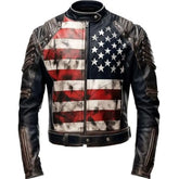 Men's USA Flag Distressed Sheepskin Leather Biker Jacket