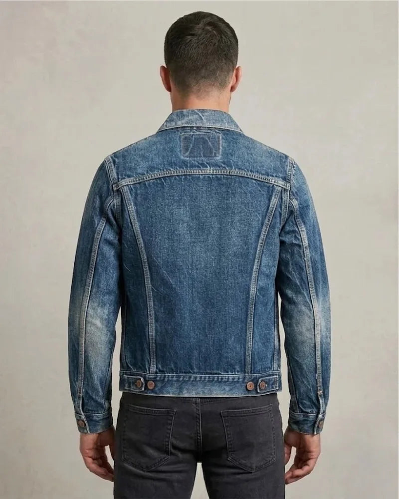 Men's Vintage Wash Blue Denim Trucker Jacket with Classic Stitching