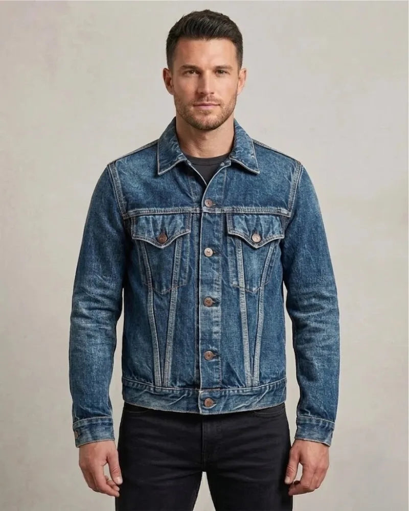 Men's Vintage Wash Blue Denim Trucker Jacket with Classic Stitching