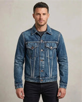 Men's Vintage Wash Blue Denim Trucker Jacket with Classic Stitching