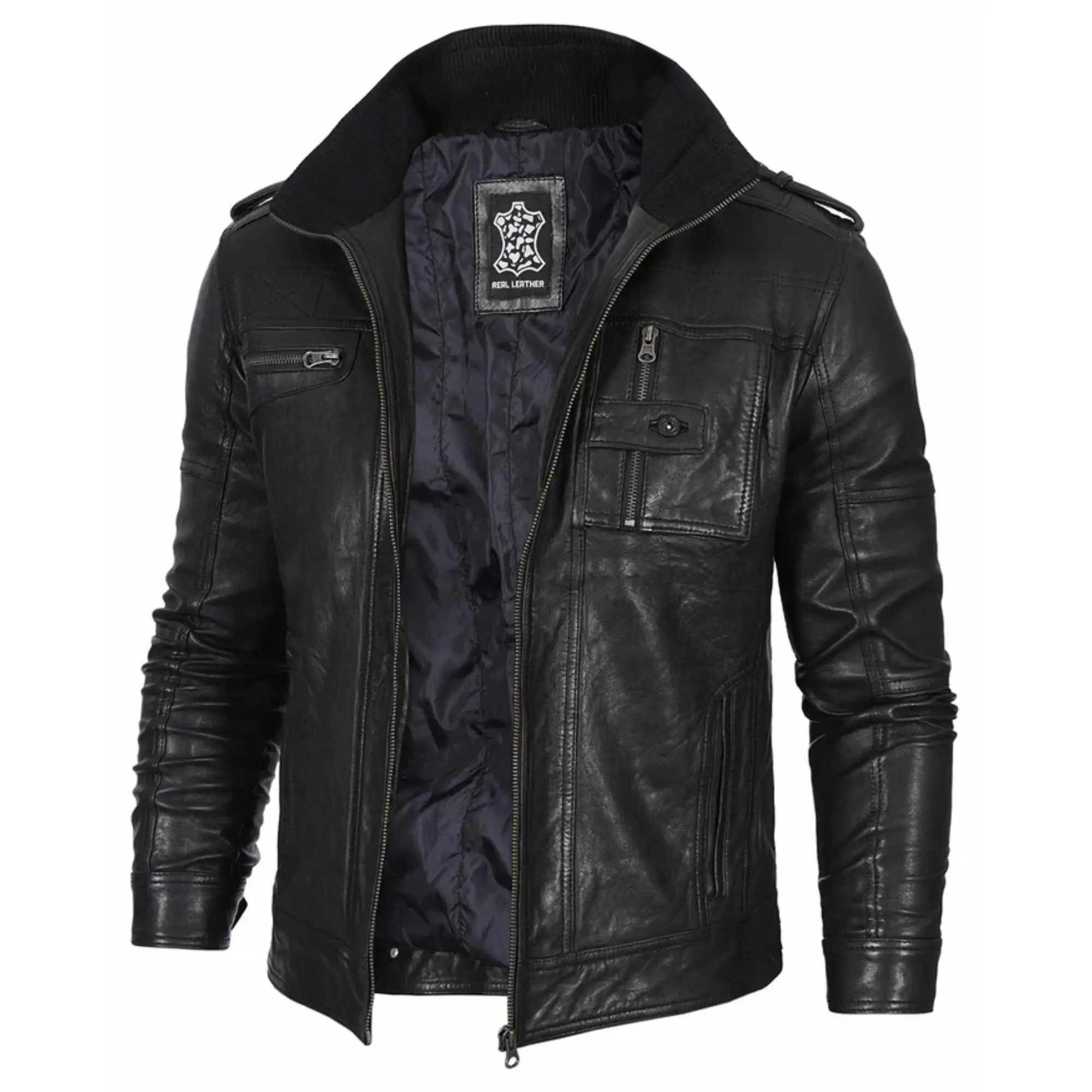 Men's Waxed Black Cafe Racer Style Leather Jacket