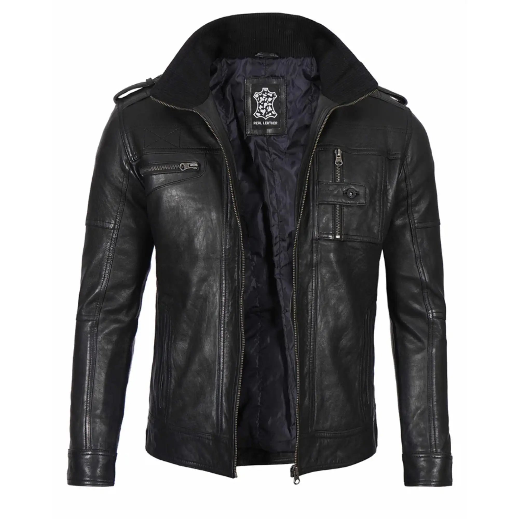 Men's Waxed Black Cafe Racer Style Leather Jacket