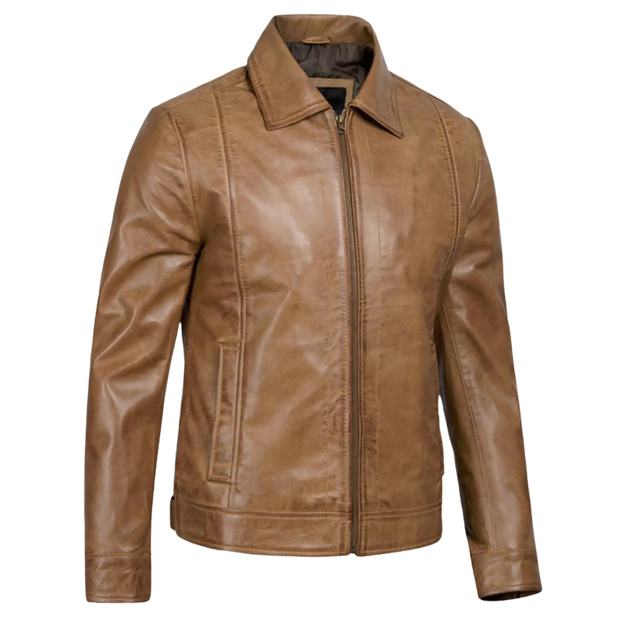 Brown leather jacket on a white background
